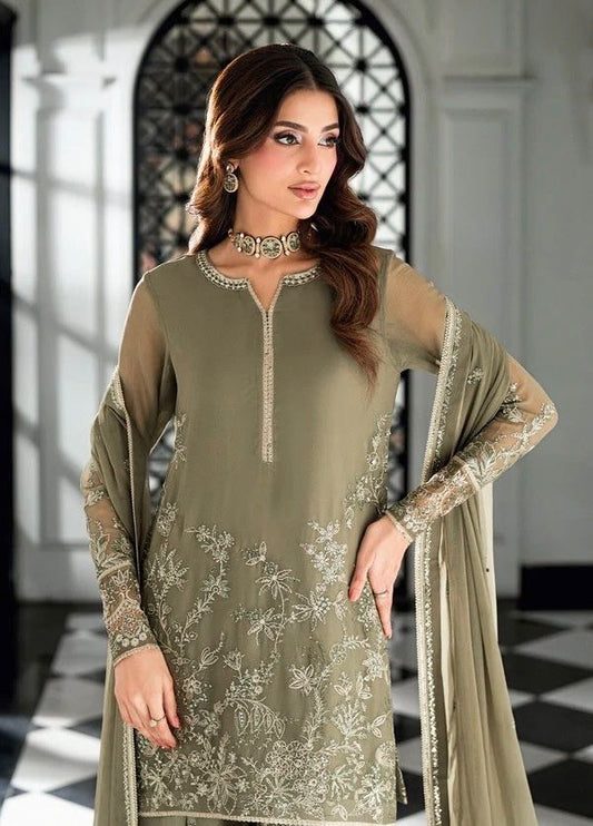 Olive Elegance Embroidered Georgette Palazzo Set