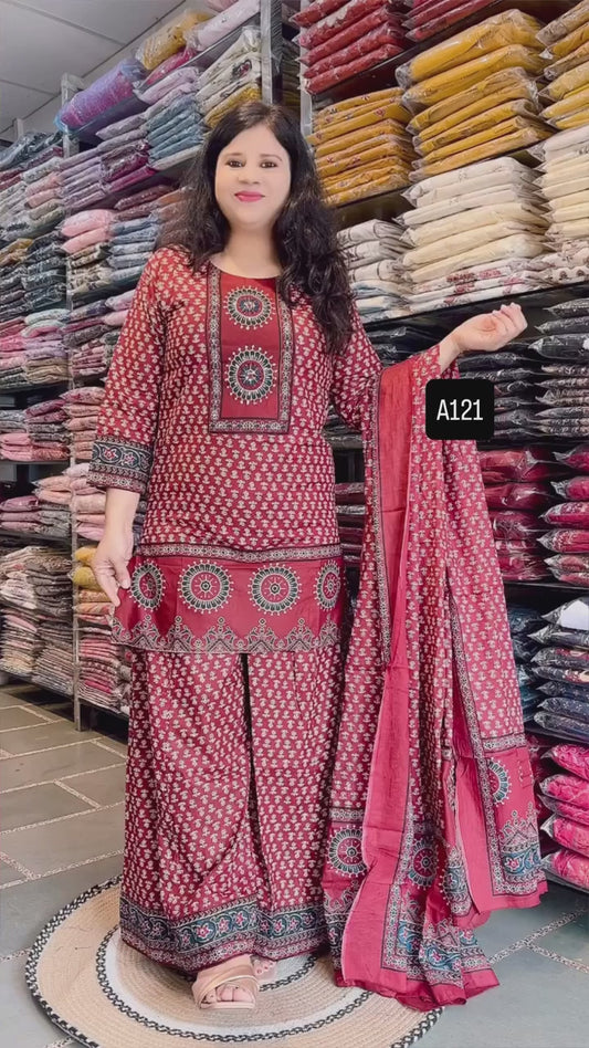 Maroon Short Kurti Palazzo Pant Set ( Dupatta Not Included )